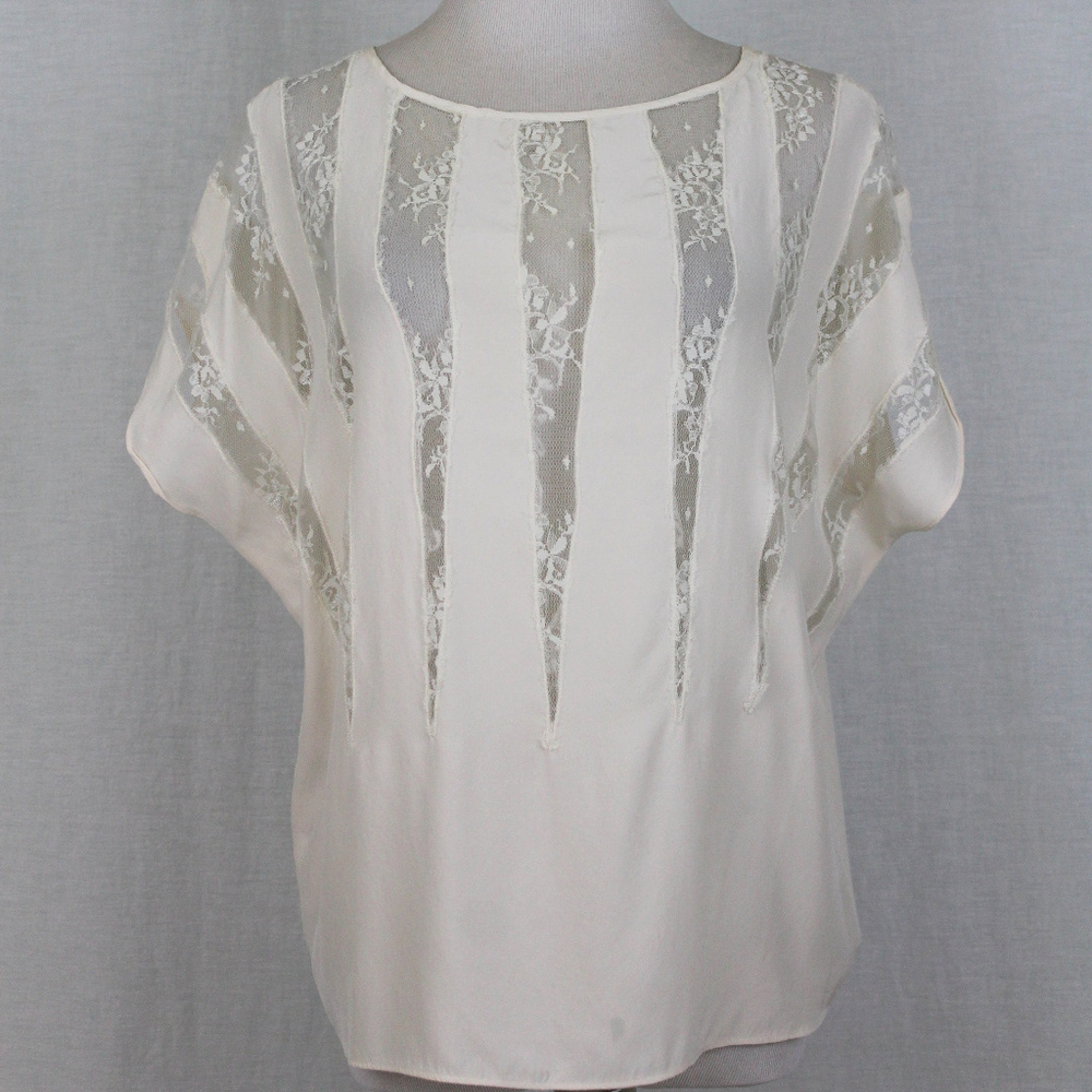 PARKER Pure Silk and Lace Popover Blouse Ivory Cream Winter White Medium Fancy